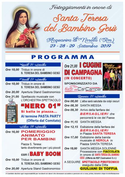 FESTEGGIAMENTI PATRONALI DI SANTA TERESA DI GESU' BAMBINO 2019